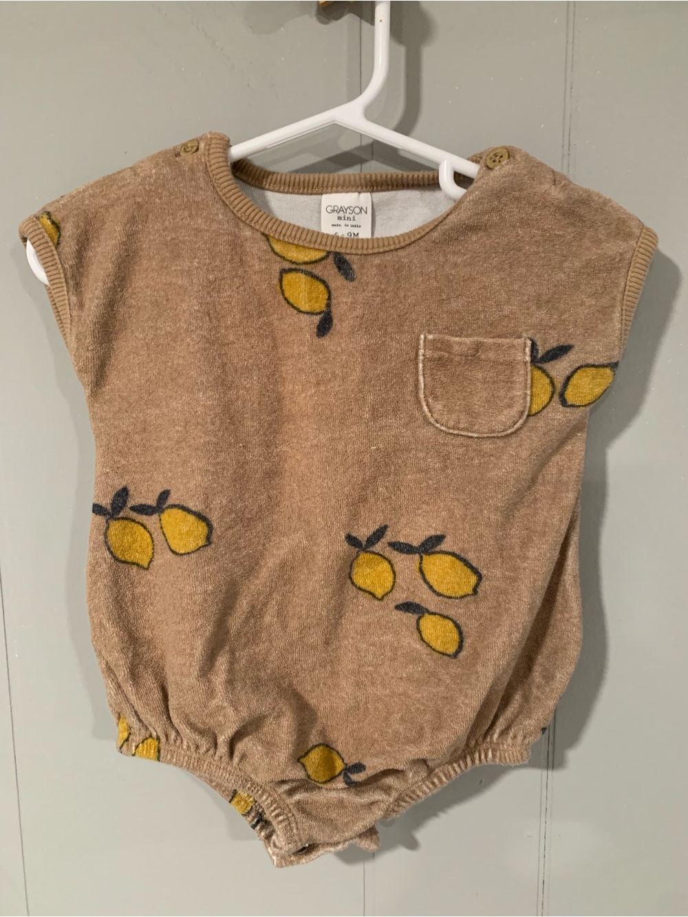 Grayson Mini Tan Terry Baby Romper with Yellow Lemon Print 6-9m